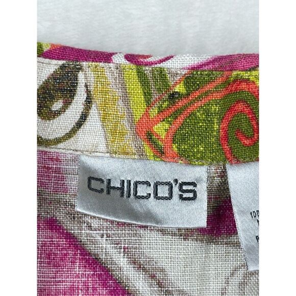 Chico's Button-Up Top Women's Size 0 Multicolor 100% Linen Floral Short Sleeves - Picture 4 of 6